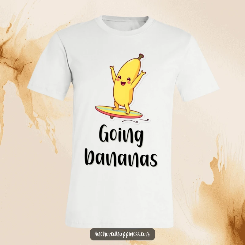 Funny smiling banana performing a handstand on a small surfboard, depicted with immense balance and joy.