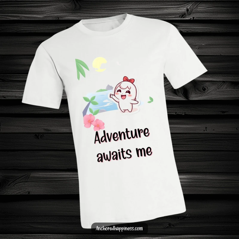 Funny T-Shirt: Cute character happily pointing towards a distant sunny island, embodying wanderlust and dreams, a fun gift.