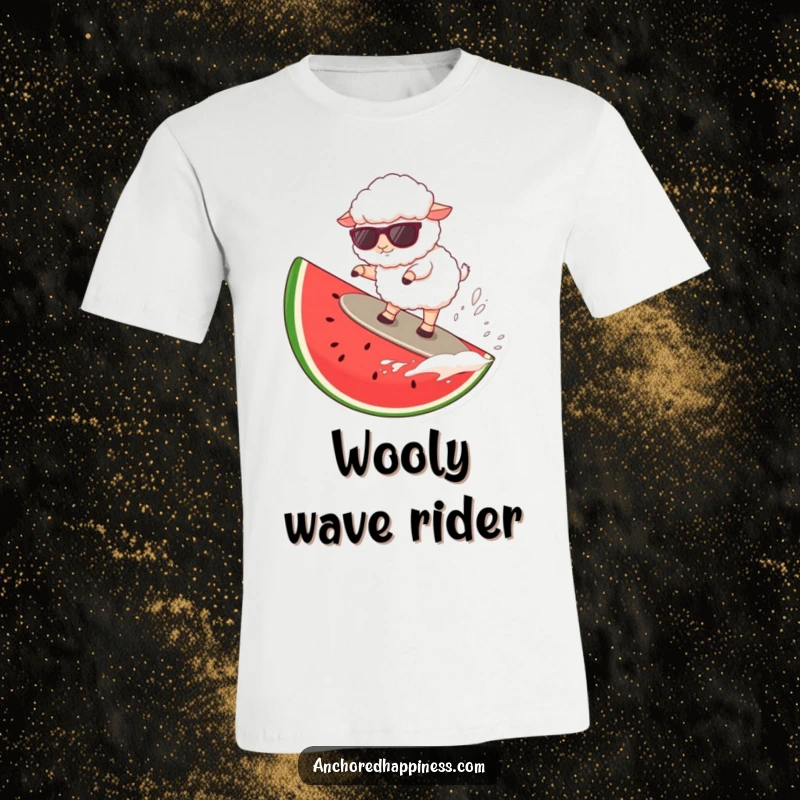 Funny sheep in sunglasses confidently surfing a massive watermelon slice, depicted with bold, adventurous spirit.