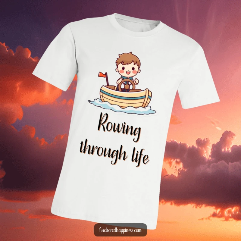 Funny t-shirt showing a cheerful figure comically piloting a small whimsical boat, embodying carefree nautical exploration and lightheartedness.