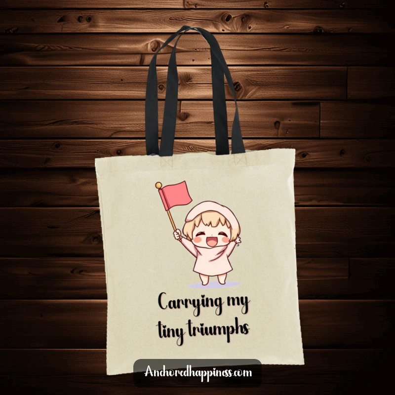 Funny Victory Tote Bag: A small character excitedly brandishes a tiny, fluffy flag, perfect for carrying essentials with a dose of pure joy.