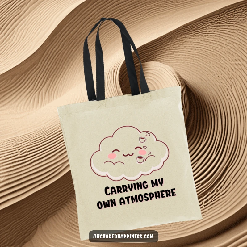 Funny tote bag with a contented cloud exhaling tiny coffee cups. A practical and humorous accessory for coffee lovers on the go. Great design.