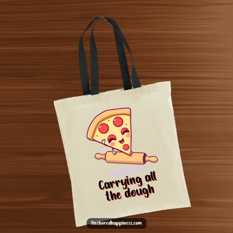 Funny tote bag depicting a winking pizza slice balancing on a rolling pin. A humorous and practical accessory for food lovers. Great graphic.
