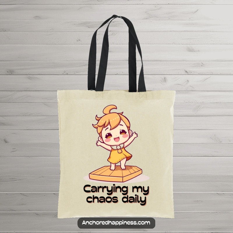 Funny tote bag with a character energetically dancing on a slightly tilted wooden deck, perfect for carrying essentials with a humorous touch.